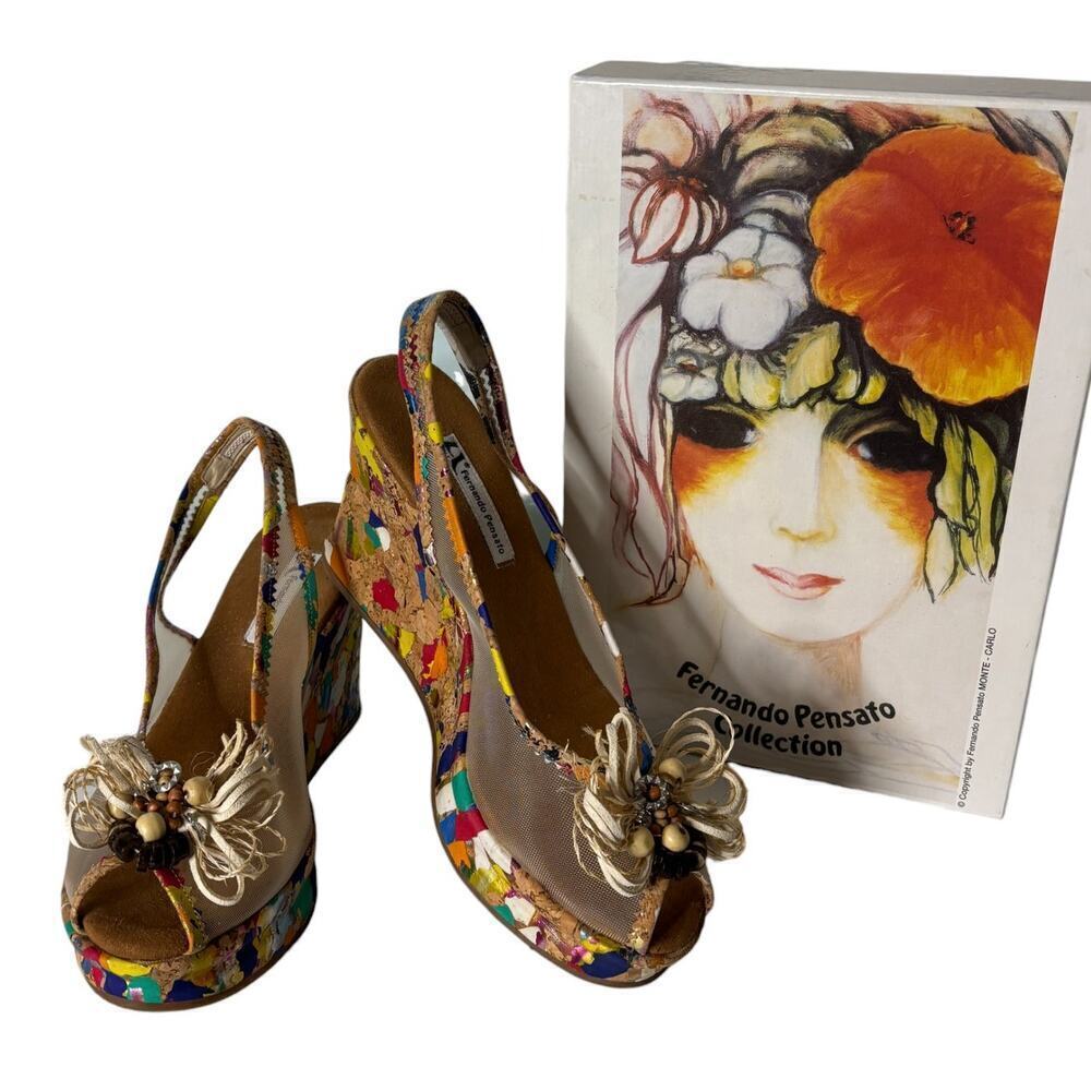 Fernando Pensato Acapulco Slingback Wedges Peep Toe Rainbow Multi Size 39 (9)